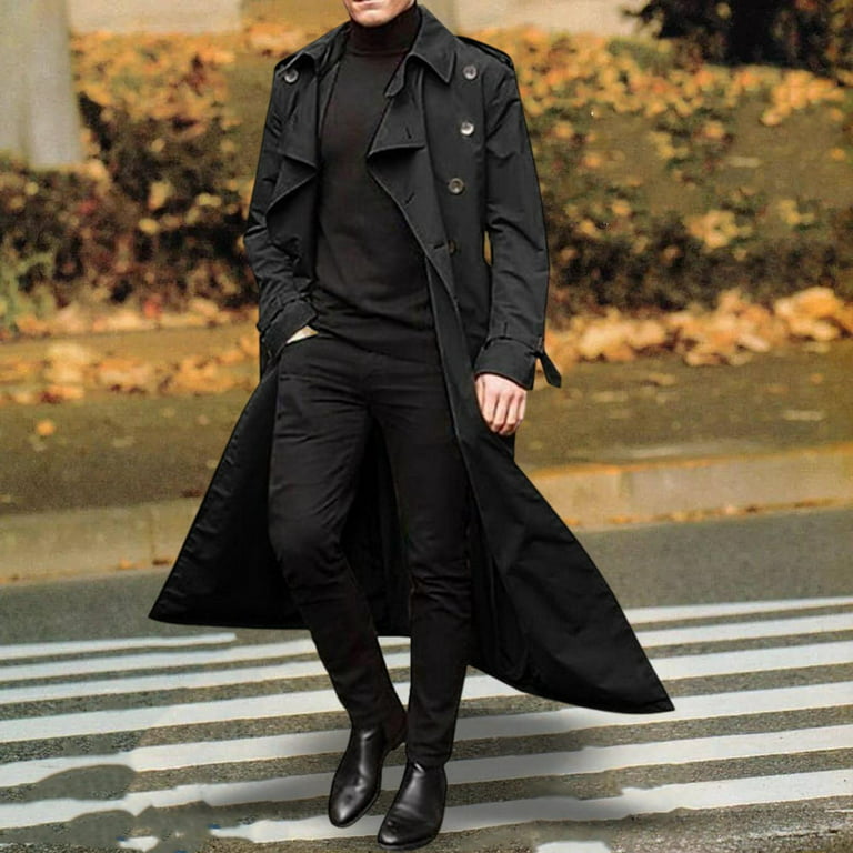 Men Trench Coat Black Double Breasted Style Slim Fit Party 