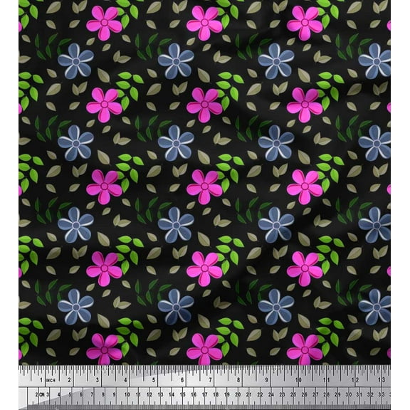 Soimoi Cotton Duck Fabric Leaves,Pink & Lavender Blue Flower Floral Printed Fabric 1 Yard 42 Inch Wide