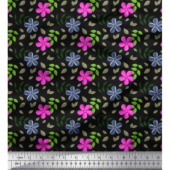 Soimoi Cotton Duck Fabric Leaves,Pink & Lavender Blue Flower Floral Printed Fabric 1 Yard 42 Inch Wide