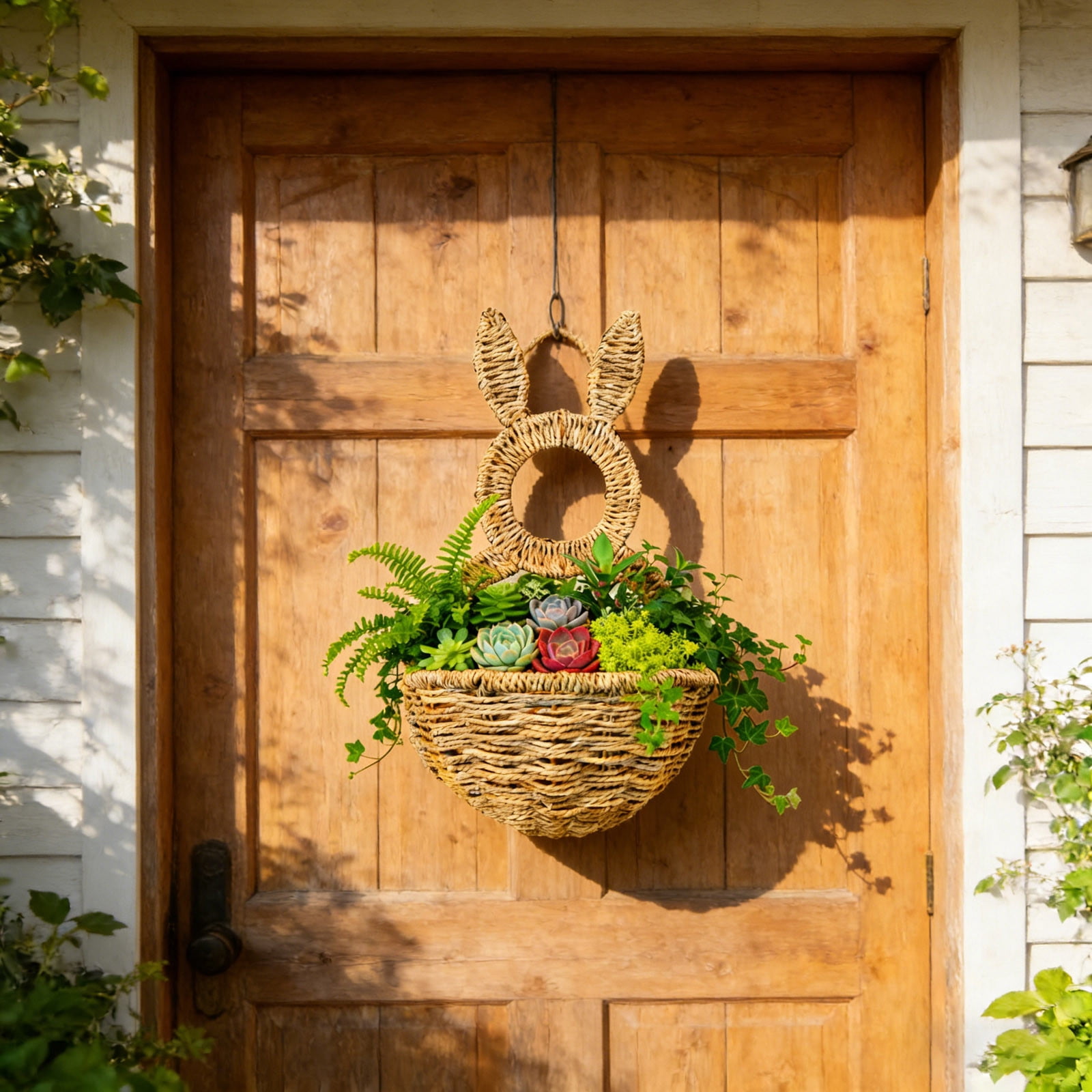 Hand Woven Wicker Bunny Wall Pocket & Planter - 15.75 Inch Easter Door Hanging Decor, Farmhouse Wall Basket for Flowers, Eggs, Spring Greenery, Easter Decoration