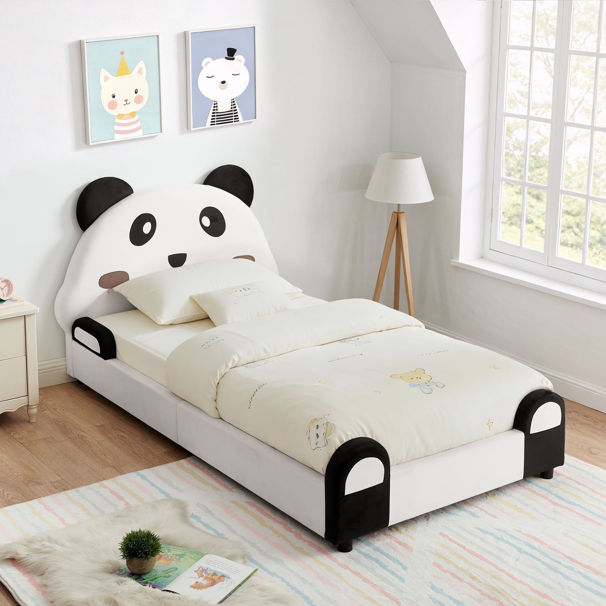 Mintazer Twin Upholstered Platform Bed Frame with Panda Headboard, Kids Velvet Bed for Boys Girls, White & Black
