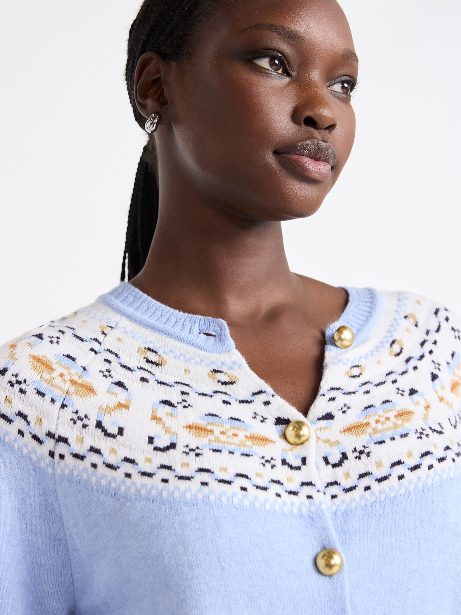 Free Assembly Women's Cozy Yarn Fair Isle Cardigan Sweater, Midweight, Sizes XS-XXL