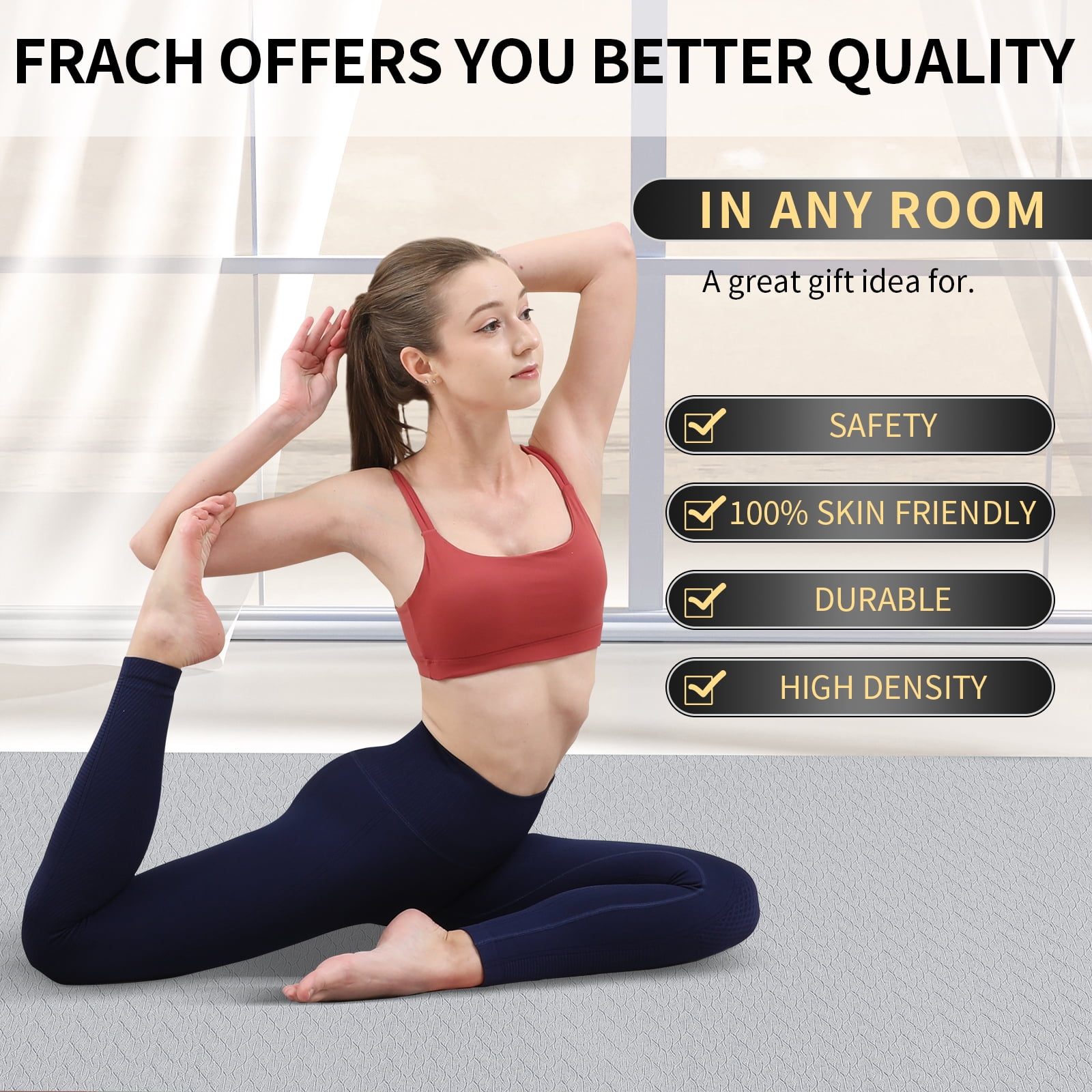 Frach Large Yoga Mat Extra Wide 4 ft,0.3" Thick with Strap, Non-Slip High Rebound for Home and Outdoor,Gym and Travel(Gray+Black)