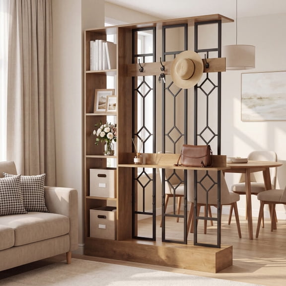 Finmind 71" Room Divider with Shelves & Coat Hooks, Freestanding Entryway Partition with Storage