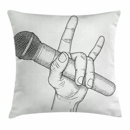 Popstar Party Throw Pillow Cushion Cover, Hand Drawn High Sign for Rock Music Lovers and Microphone Sketch Art, Decorative Square Accent Pillow Case, 18 X 18 Inches, Black and White, by Ambesonne