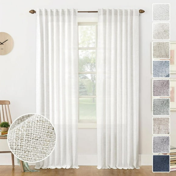 Curtains Panels for Back Tab Semi Sheer Linen Textu Drapes Rod Pocket Flax Curtains for Farmhouse/Bedroom/Living Room/Window ( x Ivory)