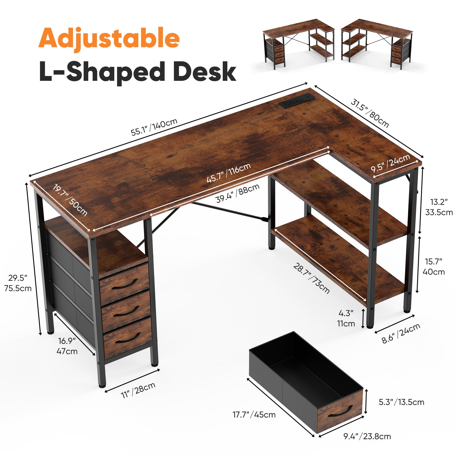 Gianna Modern L-Shaped Office Desk with Power Outlets, 55-Inch Computer Desk with 3 Drawers and Shelves for Home Office, Study, or Gaming, Rustic Brown