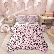 Feelyou Kawaii Leopard Print Twin Bedding Sets 7pcs, Pink Polkadot Bedding Comforter Set