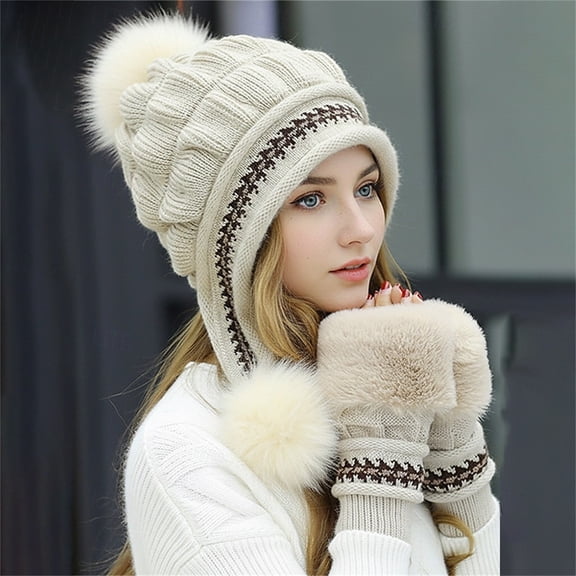 Winter Beanie Hats for Women Warm Knit Cap Fur Hat with Pompom Ear Cover