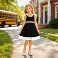 thumbnail image 2 of School Uniform for Girls Cinched Waist Bowknot Ruched Sleeveless Crew Neck Patchwork Print Dress Back-To-School Girls Dresses 5-6 Years, 2 of 4