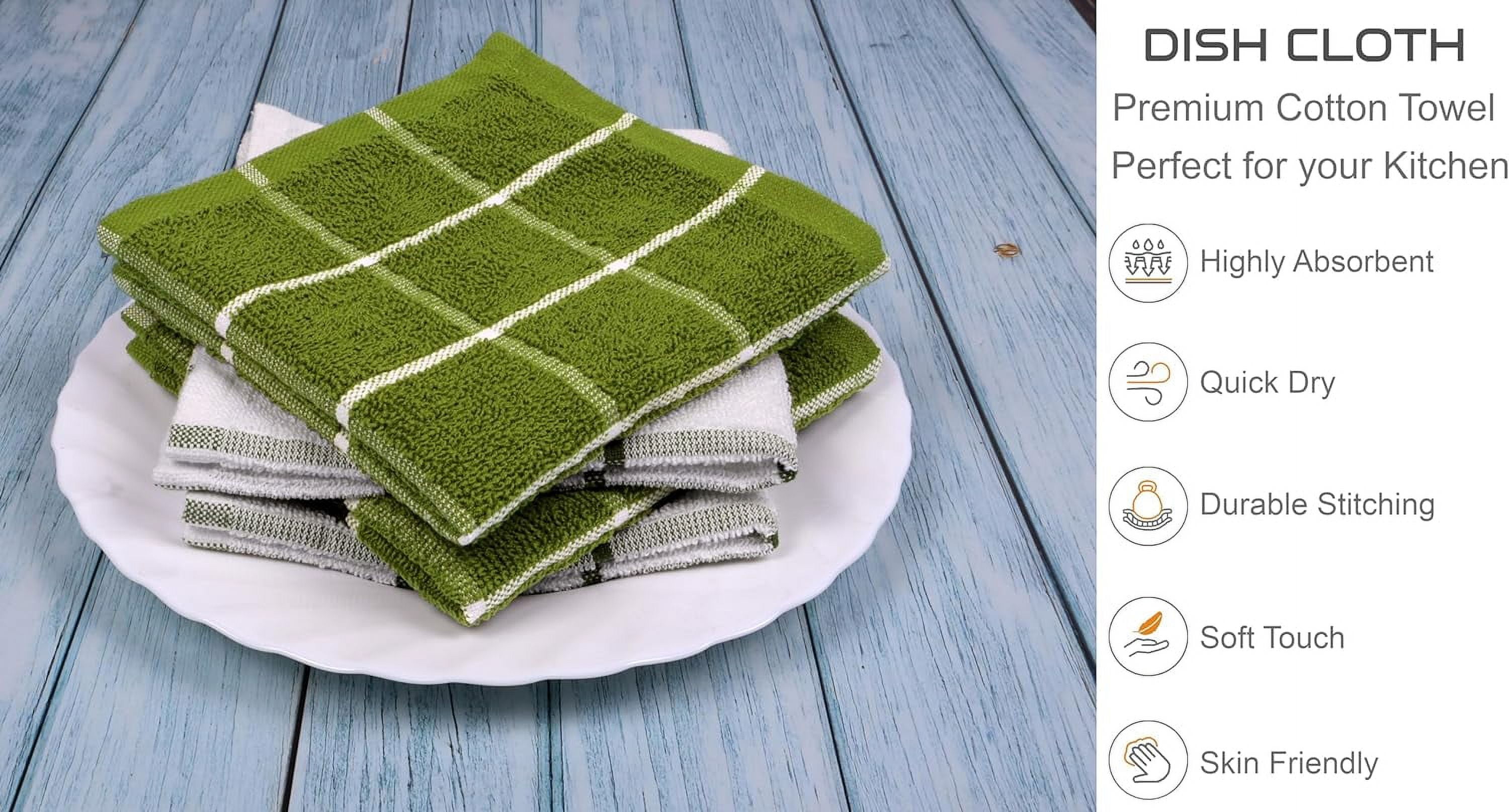 MALLOWEX Kitchen Towel and Dishcloth Set, Pack of 8 | 12 x 12 and 16 x 26 Inches | Super Soft and Absorbent Dish Towels | 100% Cotton Dish Rags for Drying Dishes | Quick Drying Tea Towels | Green