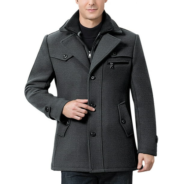 Men Winter Casual Trench Lapel Single Breasted Peacoat Jacket Coats Outwear  Overcoat With Zipper Buttons Pockets Double Collar