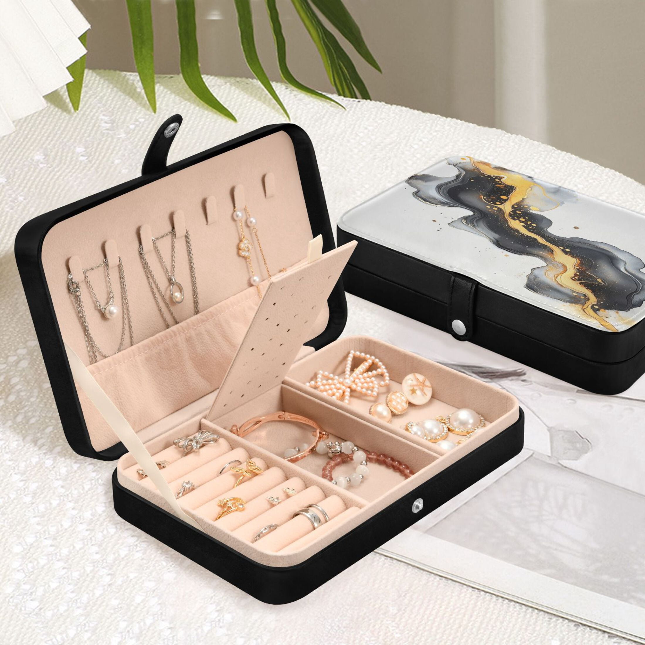 Leather Jewelry Box Rectangular 8.27x5.5x1.78In Travel Jewelry Storage Earrings Necklace Bracelet Watch Brooch Storage Beautiful Marble Pattern