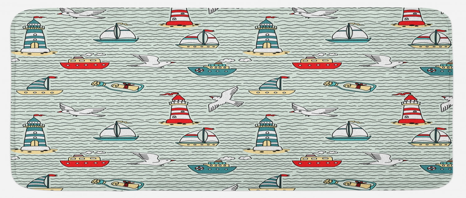 Lighthouse Kitchen Mat, Seagulls Lighthouses Message Bottles Steamboats ...