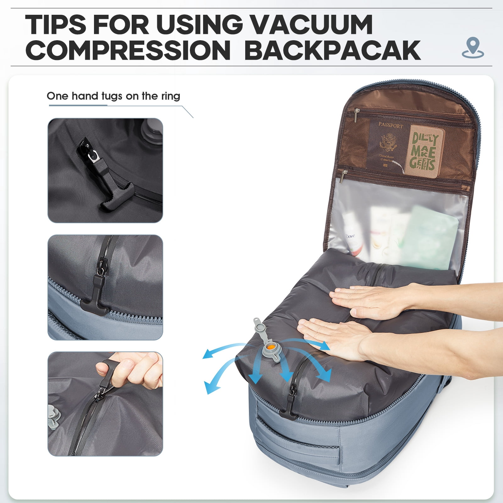 Vacuum Travel Backpack with Pump, Vacuum Seal Compression Backpack for Travel on Airplane, Vacpack Backpack with Vacuum Packing for Women Men Airpack Daypack Fit 17 Inch Laptop Travel Bookbag Blue