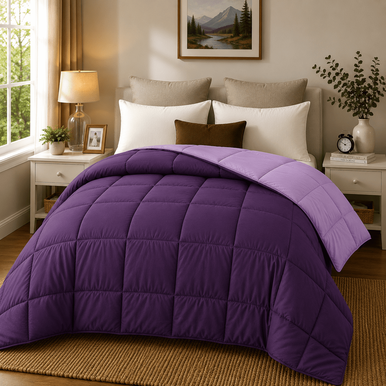 Evolive All Season Pre Washed Soft Microfiber Down Alternative Reversible Comforter with Box Stitching (Purple/Lavender, Full/Queen)
