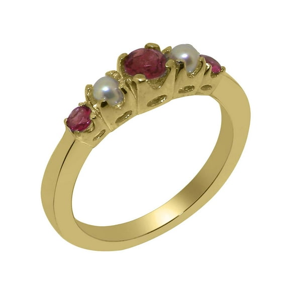 LBG British Made 10k Yellow Gold Natural Pink Tourmaline & Cultured Pearl Womens band Ring - 33 size options - Size 6