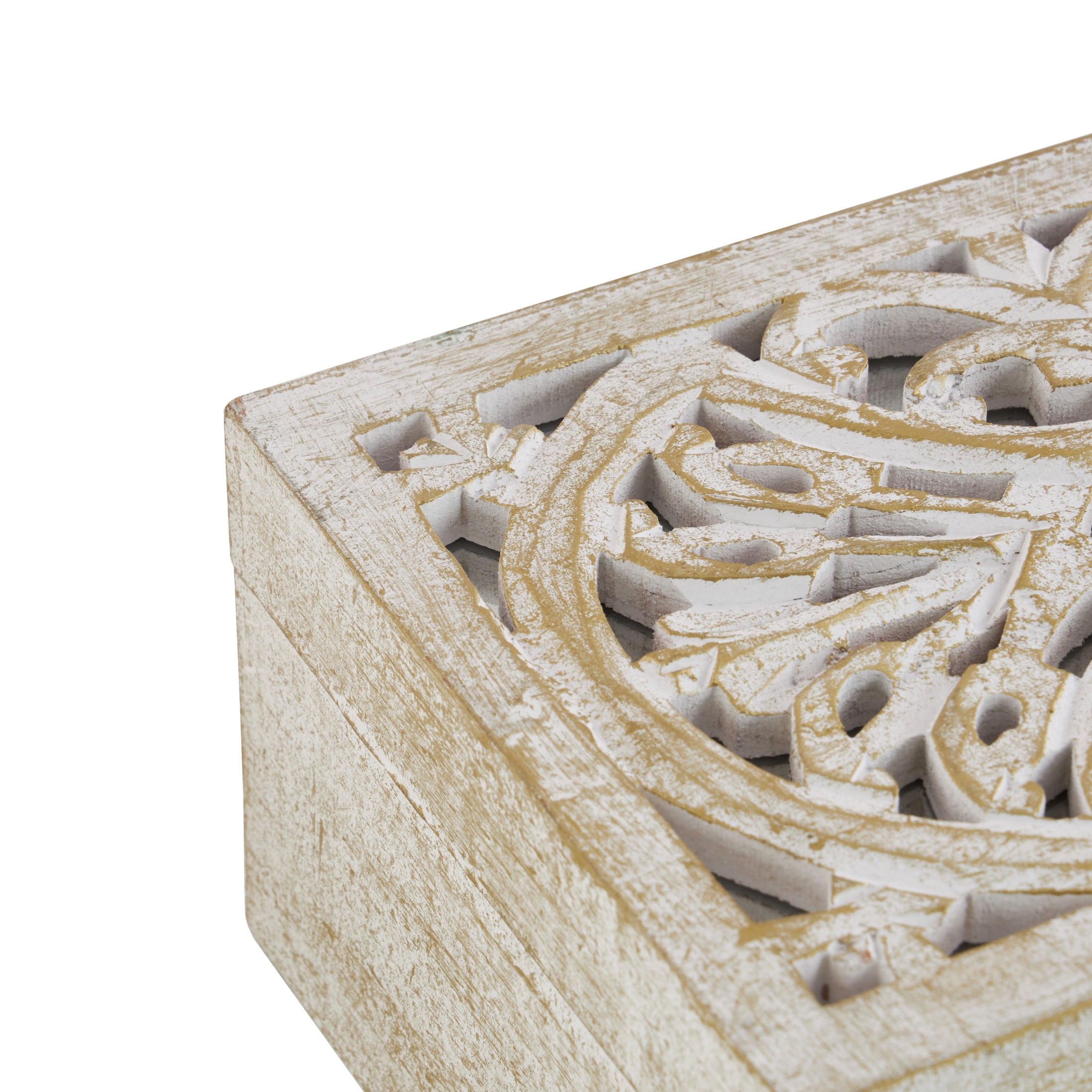 DecMode Floral Handmade White Mango Wood Decorative Box with Hinged Lid, 3 Count