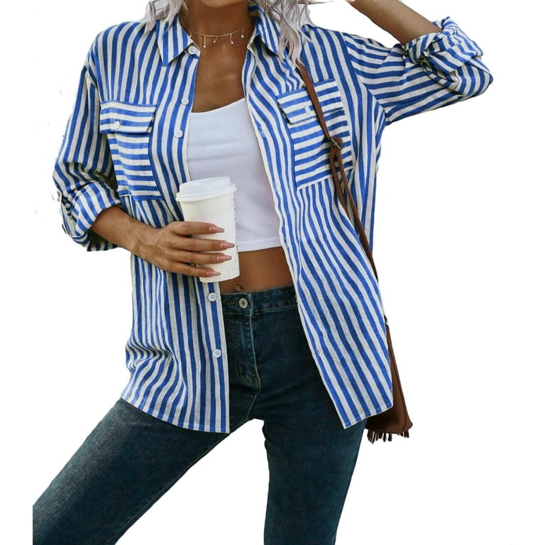 Womens Blouse Tops Striped Flap Pocket Drop Shoulder Shirt Blue