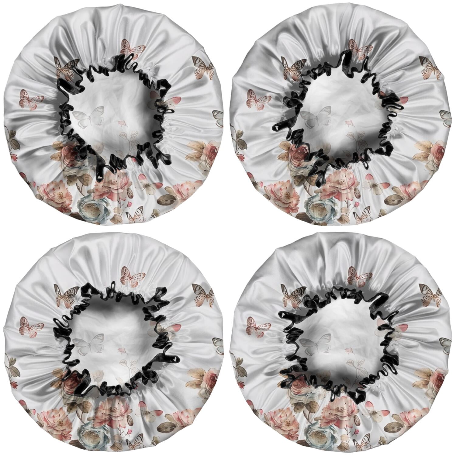 Shower Caps,White Butterfly Rose Pattern Waterproof Shower Cap for Women 4 Pieces,Double Reusable Hair Cover for Shower PEVA Elastic Stretch Hem