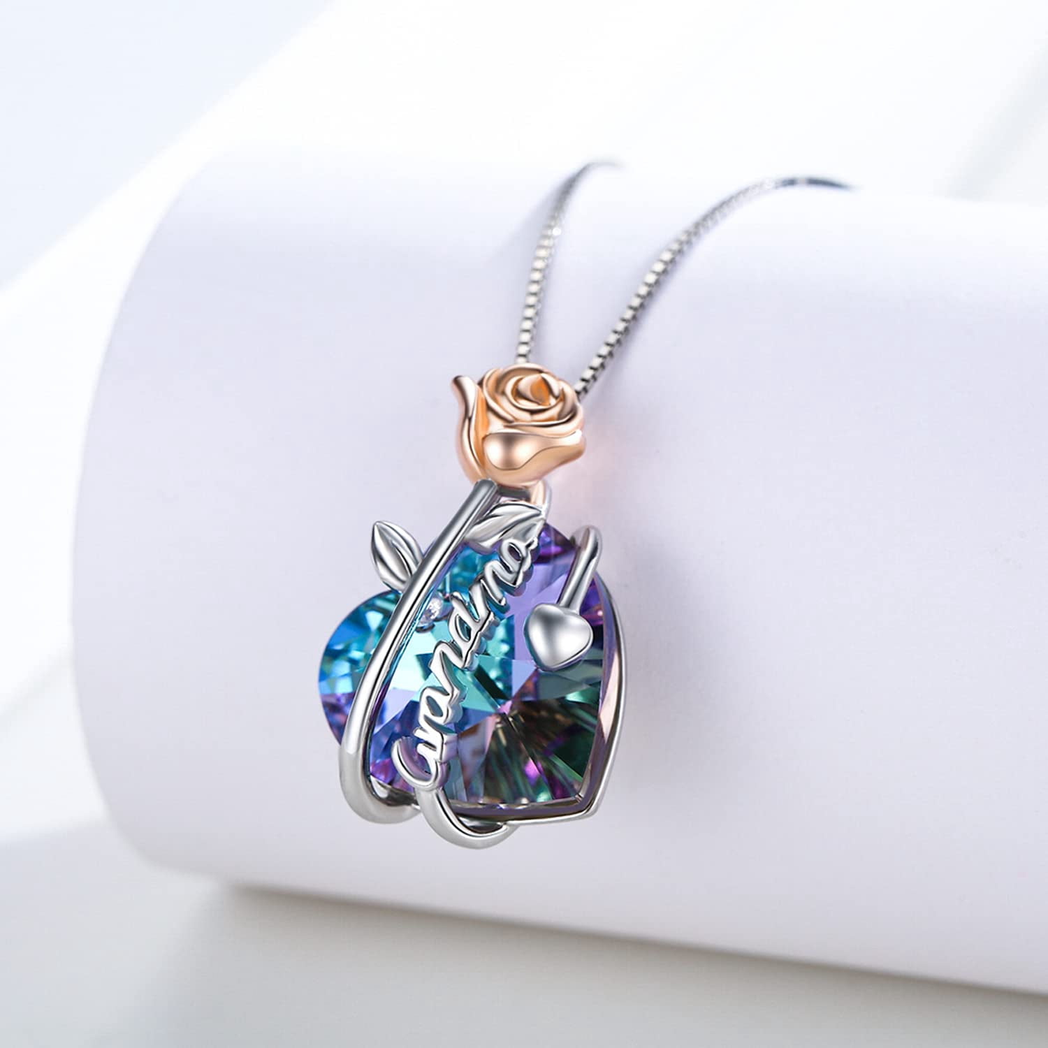 Coachuhhar Grandma Gifts 925 Sterling Silver Rose Flower Love Heart Crystal Pendant Necklace Grandma Jewelry Birthday Graduation Gifts for Women Grandma Nana
