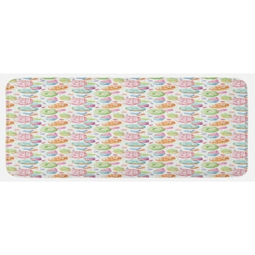 Colorful Kitchen Mat, Watercolor Style Sweets with Glazed Doughnut Macarons and Cupcakes with Frosting, Plush Decorative Kitchen Mat with Non Slip Backing, 47" X 19", Multicolor, by Ambesonne