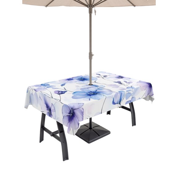 Outdoor Tablecloth with Umbrella Hole, Purple Blue Spring Floral Spillproof Waterproof Outdoor Table Cover, Summer Flowers Botanical Patio Tablecloths for Party Picnic Camping, Rectangle 60"x120"