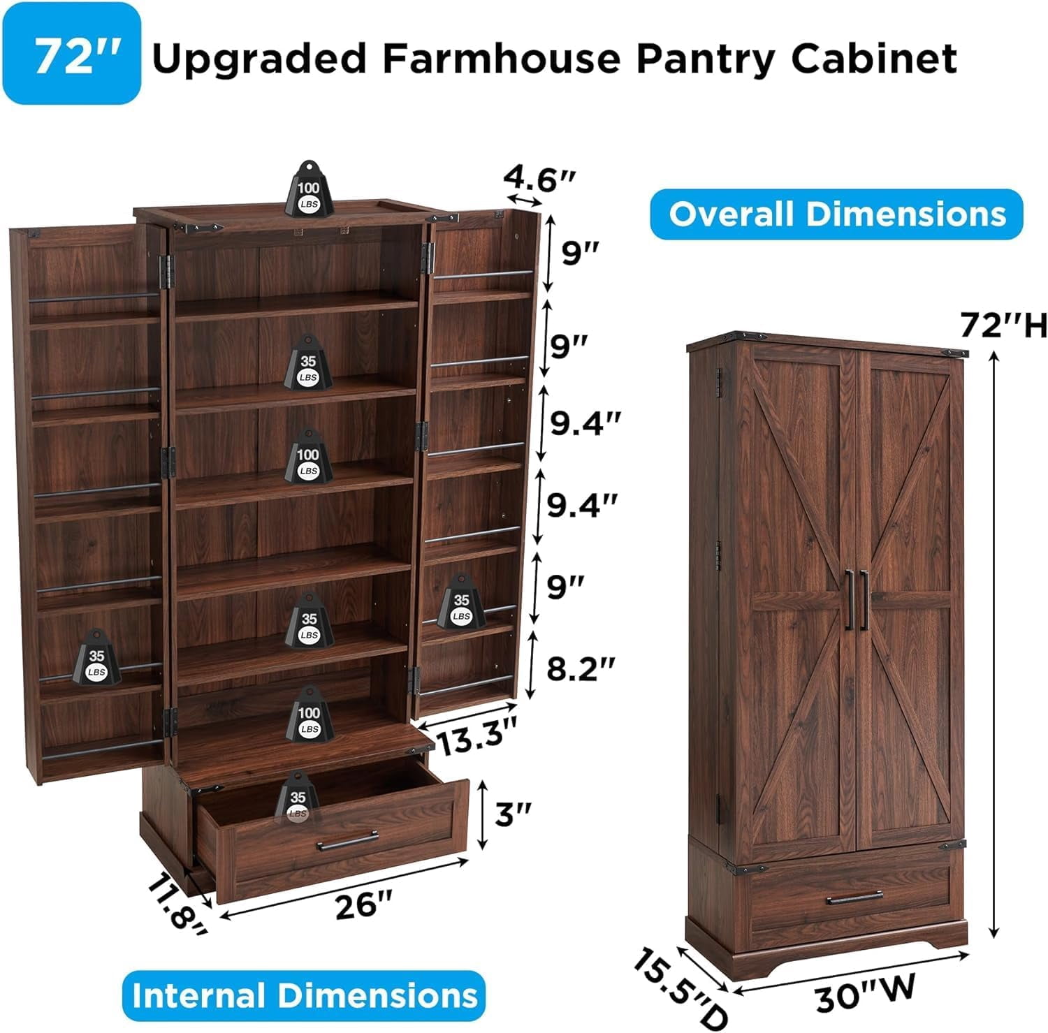 ACCOHOHO 72" Tall Kitchen Pantry Cabinet, Farmhouse Wood Storage Cabinet with Doors, Adjusting Shelves and Organizer, Cupboard for Kitchen, Dining Room, Bathroom, Brown