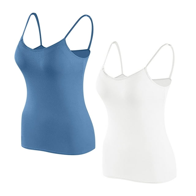 Timegard Camisoles pour Femmes 2 Pcs avec Soutien-Gorge Intégré Col Rond Bretelles Spaghetti Ajustées Douces Maillots de Corps Décontractés Hauts de Pyjama