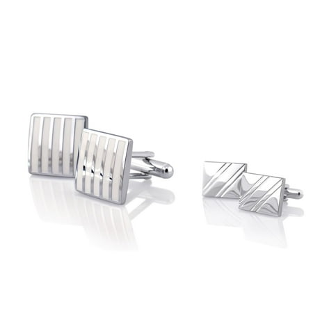 Zodaca 2 Pcs White Rectangle+Silver Square Diagonal Ribbed Cufflinks Cuff Links