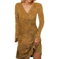 thumbnail image 2 of Womens V Neck Long Sleeve Yellow Sequin Dress Carnival Outfit Sparkling Dress for Women, 2 of 8