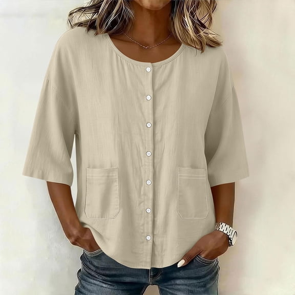 Uootdi Women's Tops Round Neck 3/4 Sleeve Button Front Cotton Blouses Casual Daily Style Lightweight Breathable Loose Fit Tops Gift