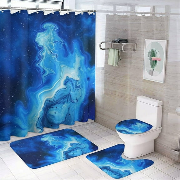 Galaxy Marble Print Shower Curtain Set Modern Bathroom Decor Mats 4pcs Fabric Bathroom Curtain Slip Floor Rug Toilet Lid