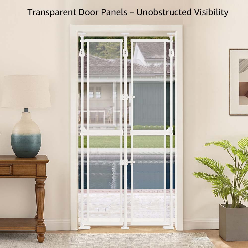 unipaws Clear Acrylic Cat Safety Gate, 75"-98" Height and 36.2"-37" Wdie Adjustable, Auto Closing and No Drilling Plus Stable 3 Support Pillars, White