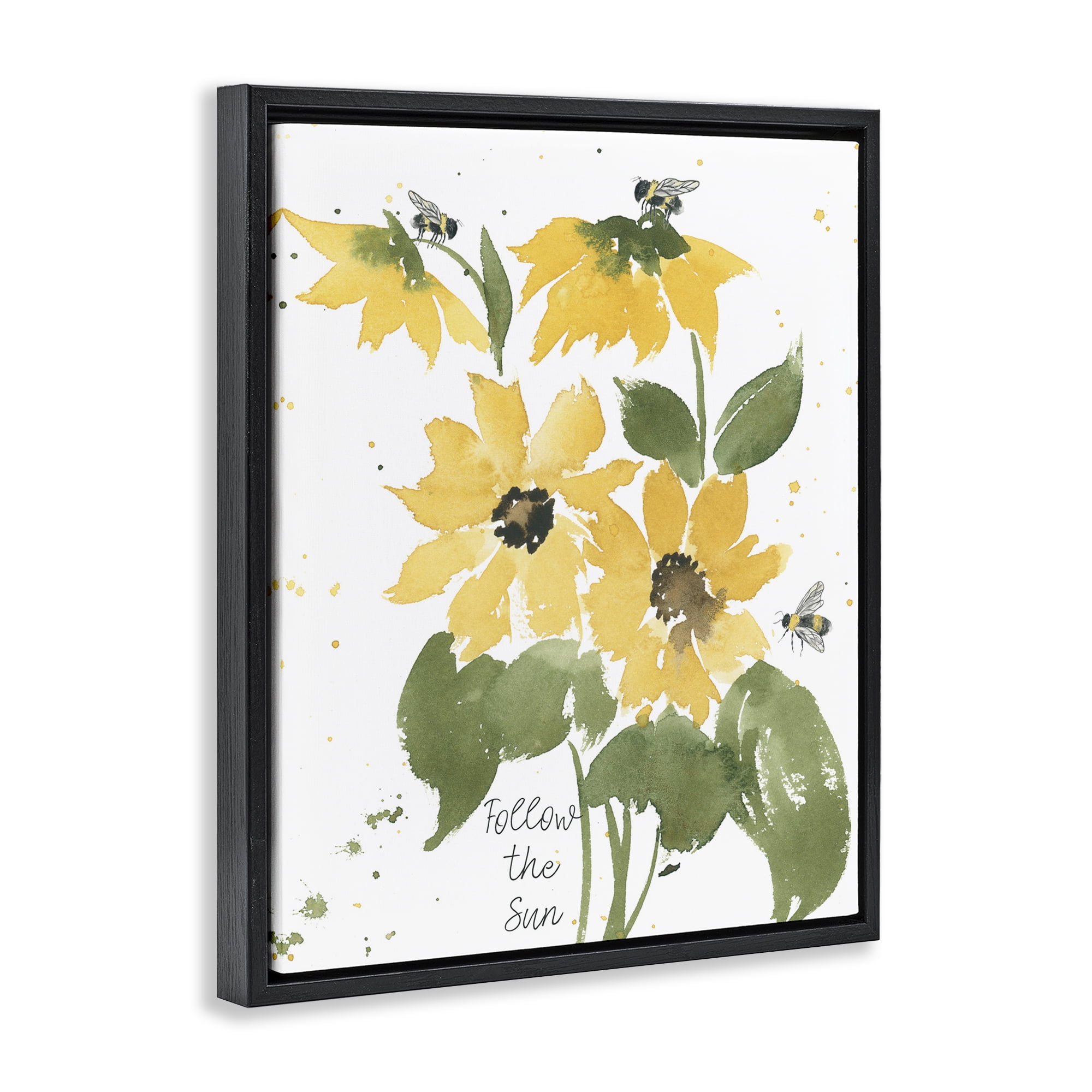 Stupell Industries Follow The Sun Phrase Botanical & Floral Painting Black Floater Framed Art Print Wall Art, 17 x 21