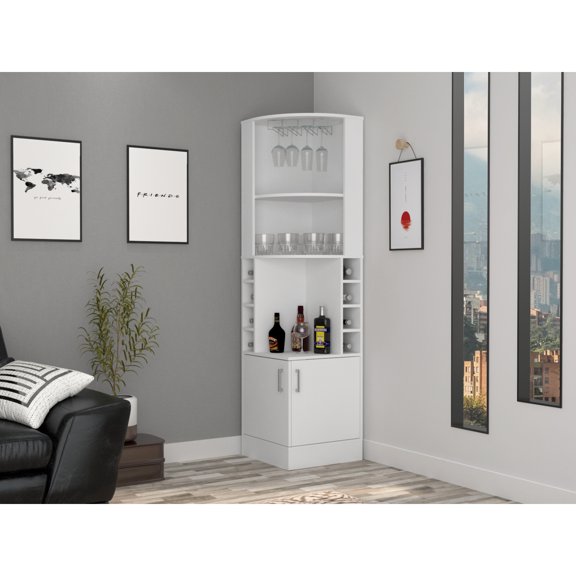 Miekor Furniture Syrah Corner Bar Cabinet, Two External Shelves White 02687