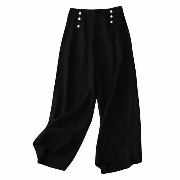 Olyvenn Linen Pants for Women Loose High Waisted Palazzo Pants Belted Wide Leg Trousers with Pockets Summer Beach Trousers Black L