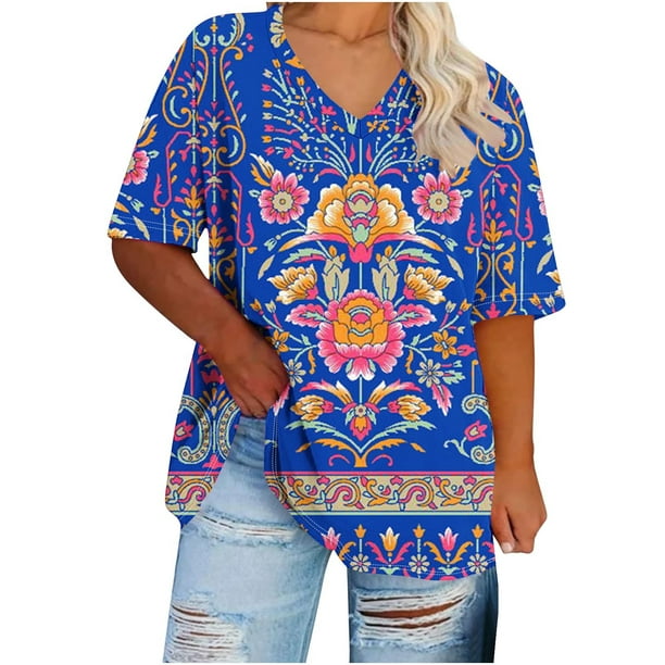 Camisetas Casuales de las Mujeres de Manga Corta de Cuello en V Oversized Camiseta Deportiva de Verano, Top Impreso Casual