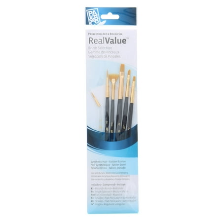 Princeton Brush Real Value 6-Brush Golden Taklon Brush Set Round 2 Tiger Spot 0 Fan 2/0 Shader 2 6 Angle 1/8