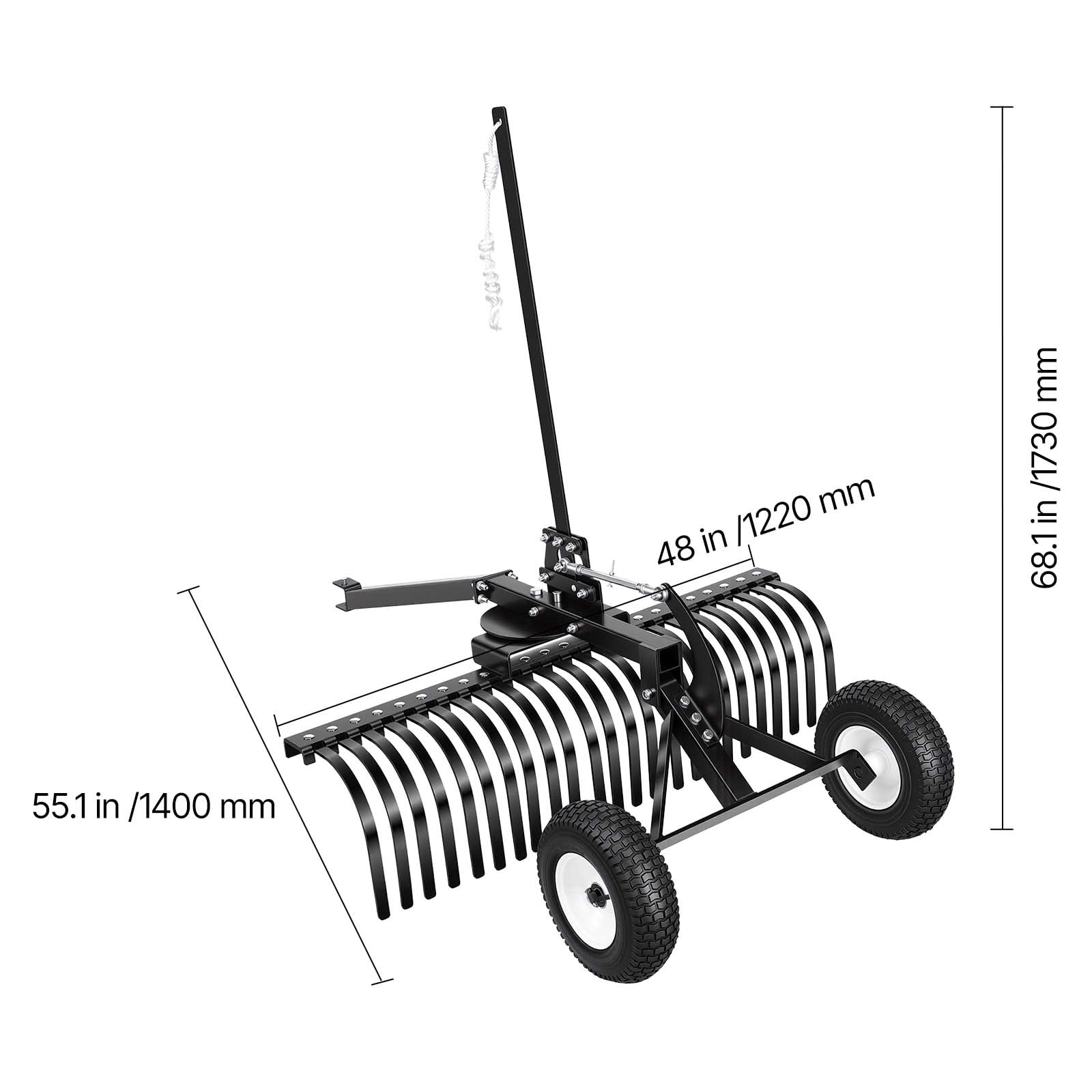 VEVOR 48in Landscape Rake, Pull Behind Lawn Rock Rakes for ATV Mower Tractors, 24 Durable Steel Tines, Adjustable Height & Angle, Heavy Duty Dethatcher Rake for Leaves Debris