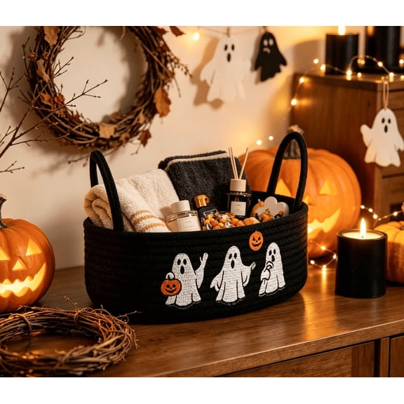 Halloween Woven Rope Basket, Large Boo Ghost Decorative Storage Basket Halloween Candy Bowl Trick or Treat Bucket Party Favors for Home Nursery