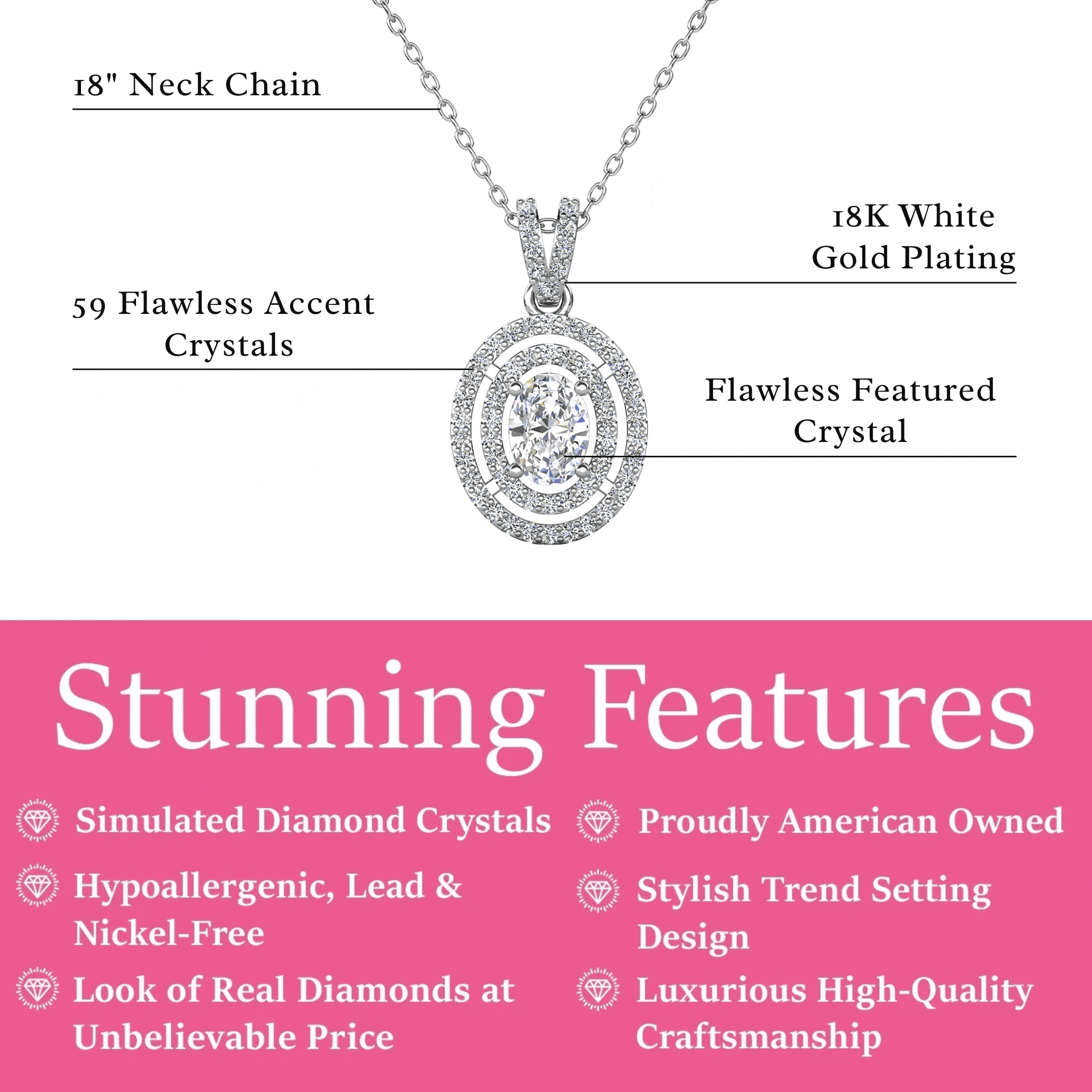 Cate & Chloe Zelda 18k White Gold Plated Pendant Necklace with Simulated Diamond Crystal for Women
