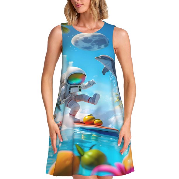 Fotbe Astronaut Tropical Dolphin Vestido de Verano sin Mangas para Mujer – Vestido Midi Línea A, Estilo Camiseta Floral, Vestido Playero Casual y Fluido