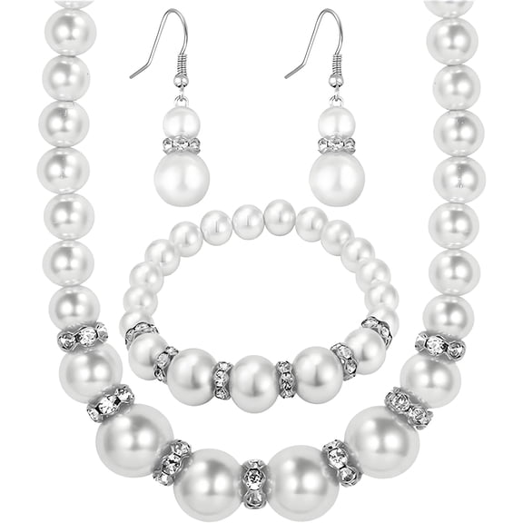 Big Faux Pearls Necklace Bracelet Earrings Set Elegant Vintage Costume Jewelry