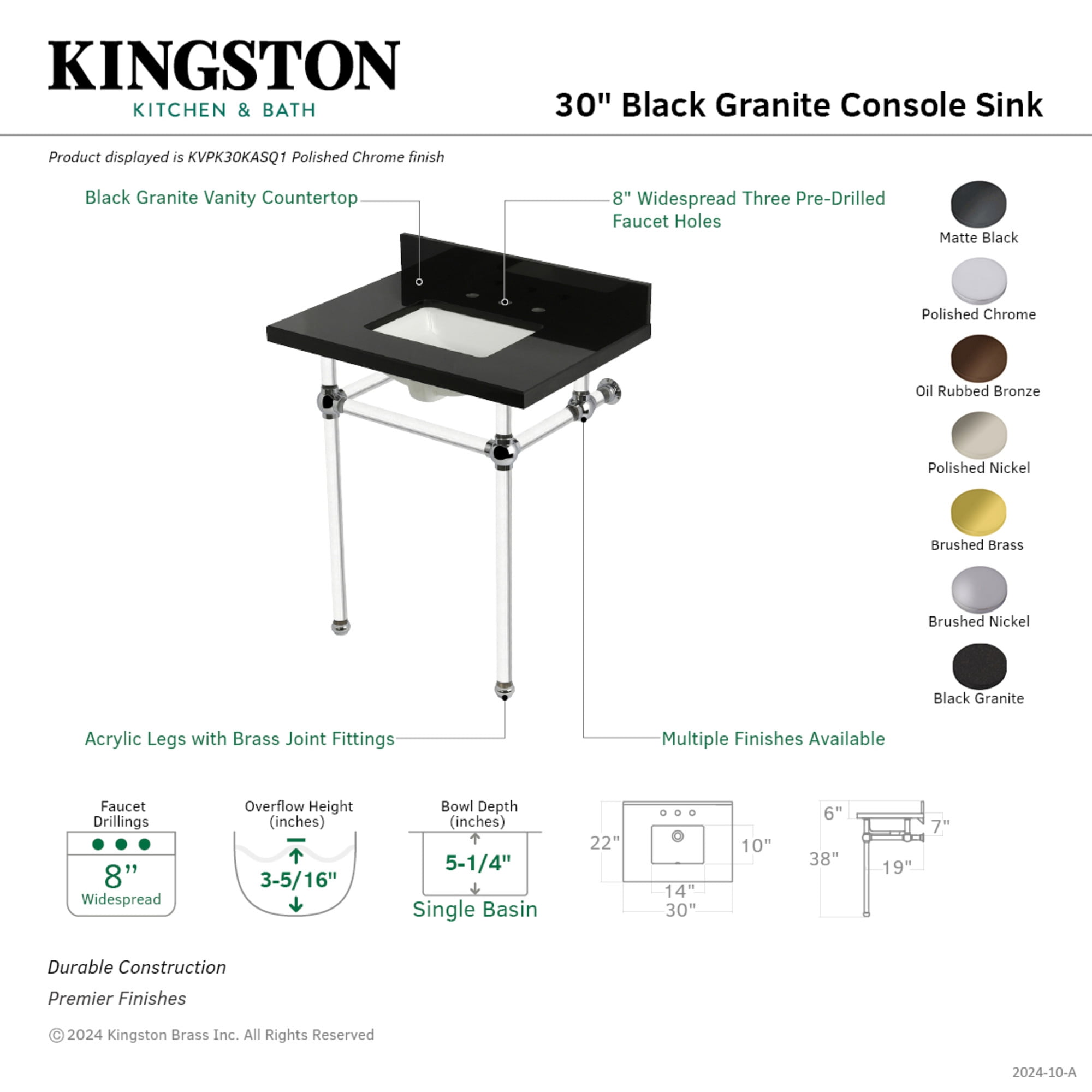 Kingston Brass KVPK30KASQ7 Templeton 30" Black Granite Console Sink with Acrylic Legs (8-Inch, 3-Hole), Black Granite/Brushed Brass