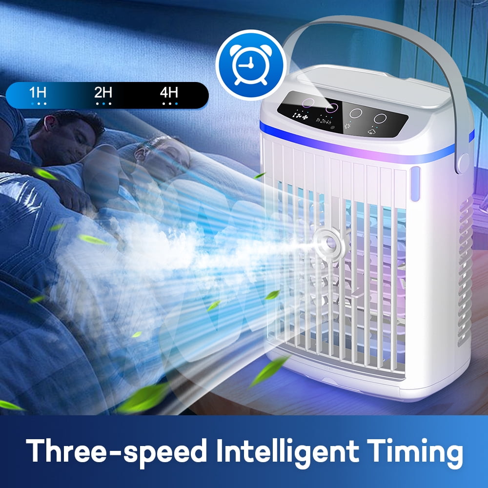 Flaremore Portable Mini Air Conditioner Fan, USB Evaporative Cooler with 3 Wind Speeds, 3 Timers, and Touch Screen Control, for Home, Office, Camping, or Car Use, White
