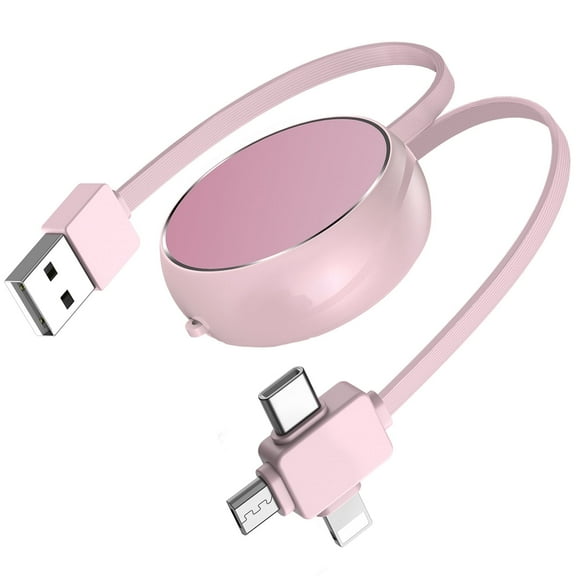 Bioonis Retractable Charging Cable, 3 in 1 Multi USB Cable 3.3FT Charging Cord USB Cable Adapter with Light-ning Cable USB C Type C Micro USB Charger Cord Compatiable for iPhone Samsung Android, Pink
