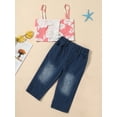 thumbnail image 2 of Little Girl Spaghetti Strap Floral Crop Top + Denim Pants 2 Piece Casual Outfits Set, 2 of 9