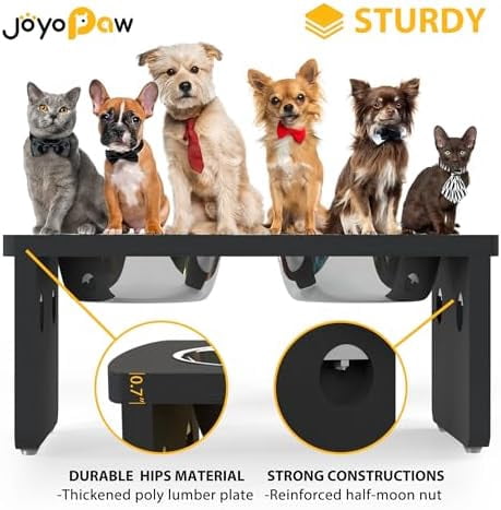 Elevated Dog Bowls, Waterproof Raised Dog Bowl for Medium Dogs, HIPS Poly Lumber Stand with 2 Stainless Steel Bowls, Indoor & Outdoor Use (7'' Tall-40 oz Bowl, Black)
