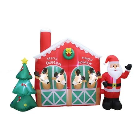 Renne de Noël Gonflable de 9 Pieds de Long Père Noël dans une Écurie avec Sapin de Noël, Jolies Lumières, Décoration de Fête Gonflable pour Extérieur Intérieur Maison Jardin Accessoire Familial Cour